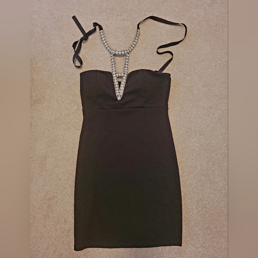 Chic Strapless Black Dress with Embellished Detail